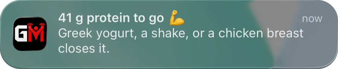 iOS notification from GainzMate: 41 g protein to go. Greek yogurt, a shake, or a chicken breast closes it.
