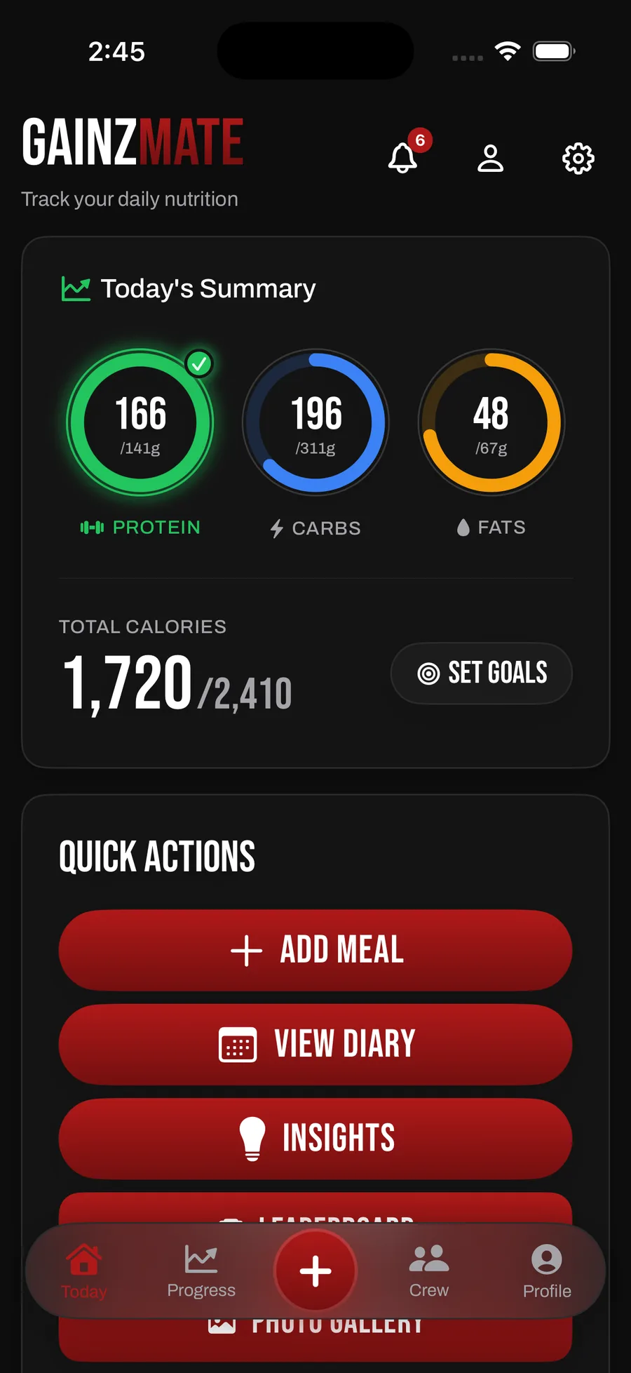 GainzMate Today screen: protein, carbs and fats rings at 166 of 141 g, 196 of 311 g and 48 of 67 g; 1,720 of 2,410 total calories; and quick actions to add a meal, view the diary and open insights