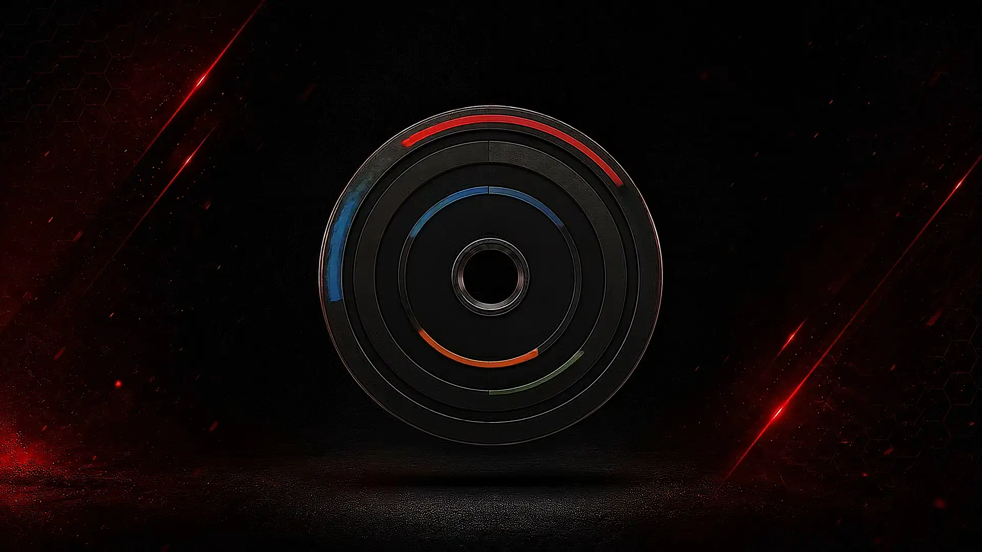A black weight plate reimagined as concentric macro rings: red for calories, blue for protein, orange for carbs, green for fats