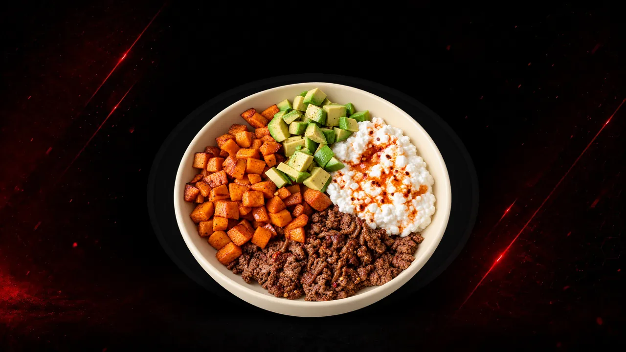 A bowl of minced beef, roasted sweet potato, cottage cheese and avocado photographed on a dark surface